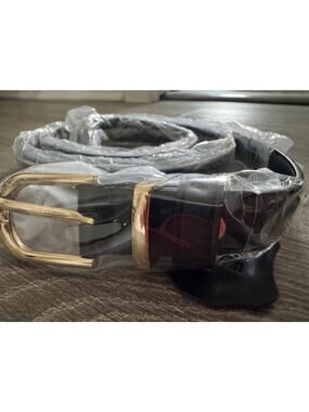 Womens Black Skinny Belt 41in Gold Buckle Adjustable Waist Belt